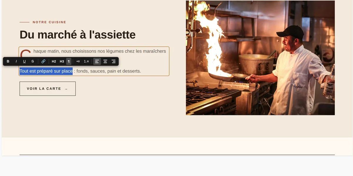 Un paragraphe sélectionné dans la page, avec la barre de mise en forme : gras, italique, lien, intertitres, listes, alignement