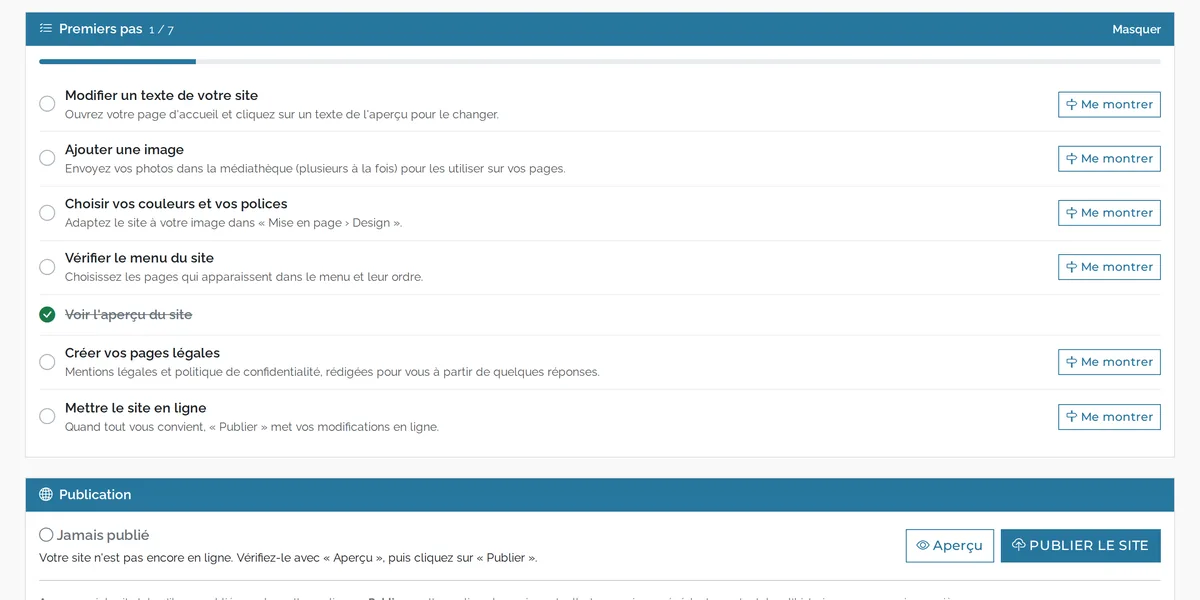La liste « Premiers pas » et le bouton « Publier le site »