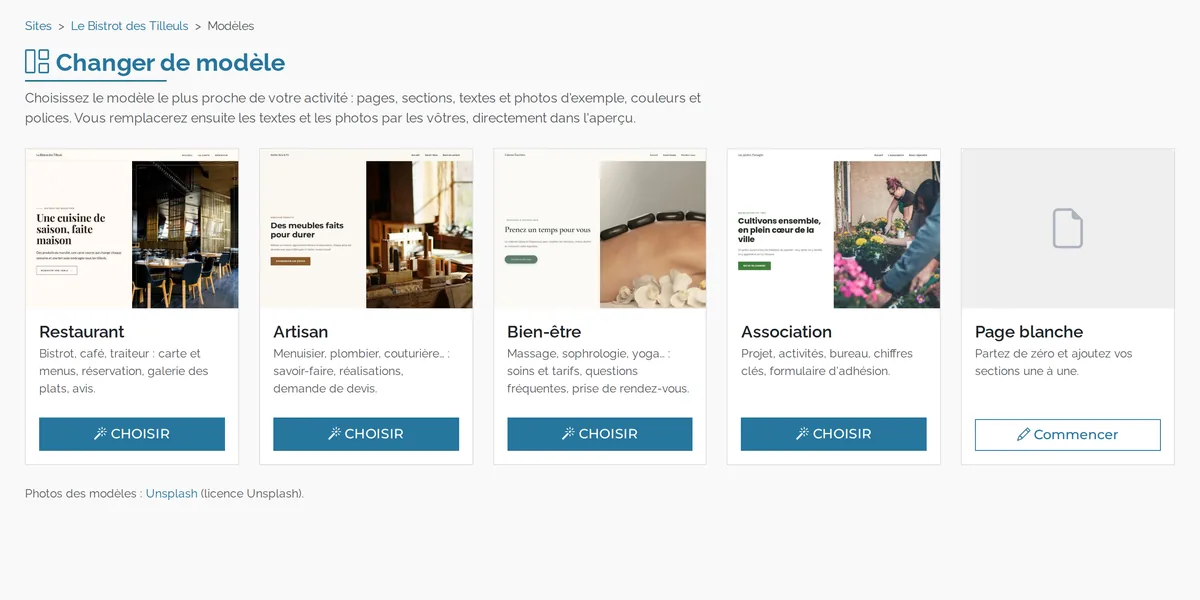 Le choix des modèles de site : restaurant, artisan, bien-être, association ou page blanche